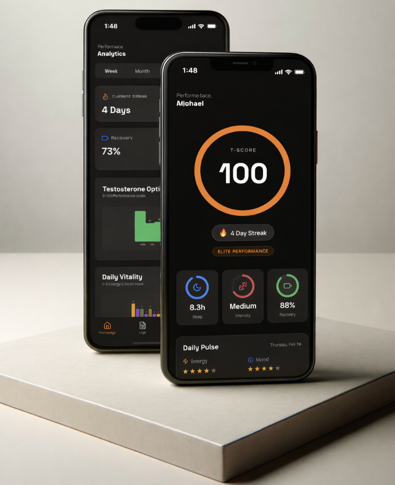 TBoost app showing T-Score, streak, sleep, intensity, recovery, and Daily Pulse
